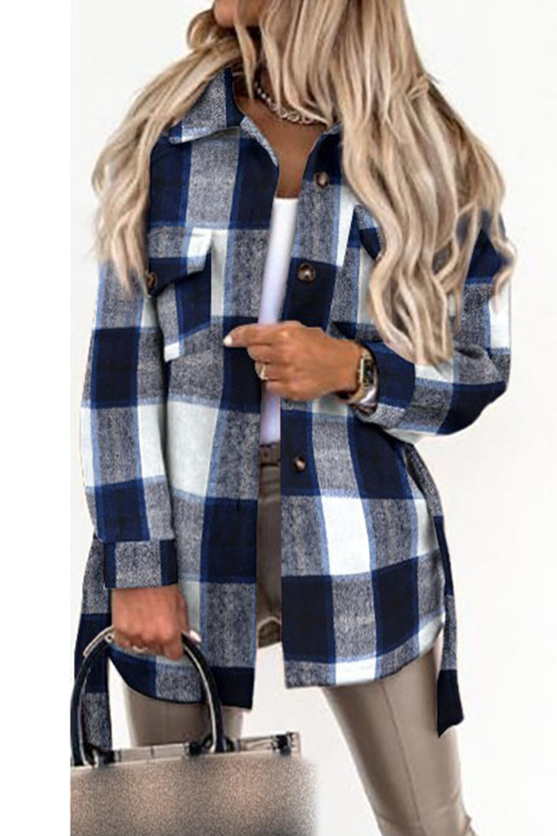Street Plaid Buckle With Belt Turndown Collar Outerwear(5 Colors)