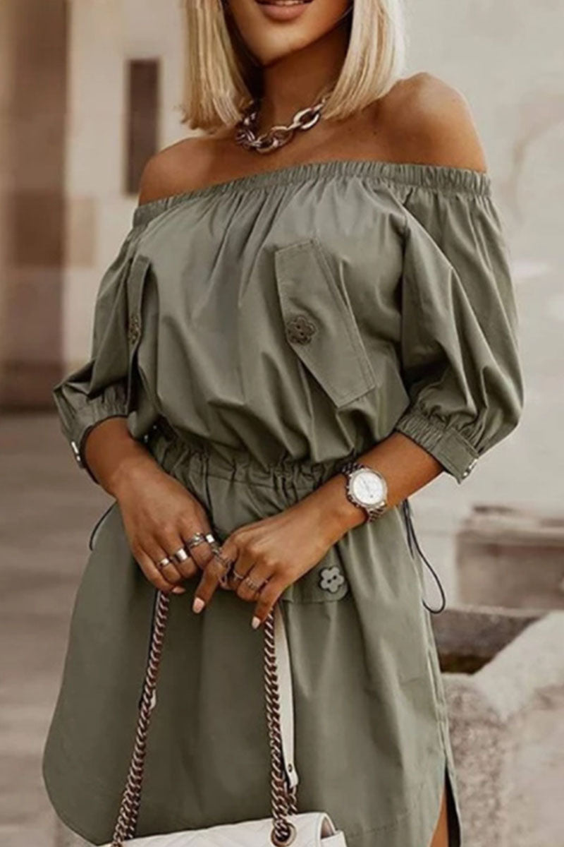 Simplicity Solid Draw String Off the Shoulder A Line Dresses