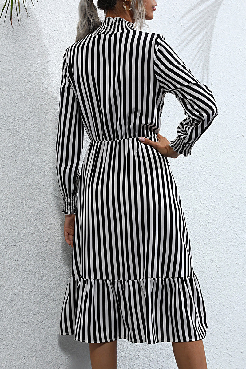 Sweet Elegant Striped Printing Stringy Selvedge Turtleneck A Line Dresses(4 Colors)