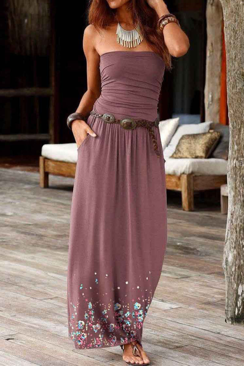 Sweet Print Patchwork Strapless Waist Skirt Dresses(7 Colors)