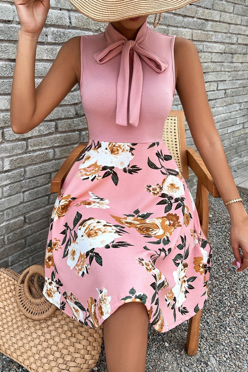 Sweet Elegant Print Patchwork With Bow O Neck A Line Dresses(5 Colors)
