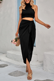 Sweet Vacation Solid Asymmetrical Halter Sleeveless Two Pieces(3 Colors)