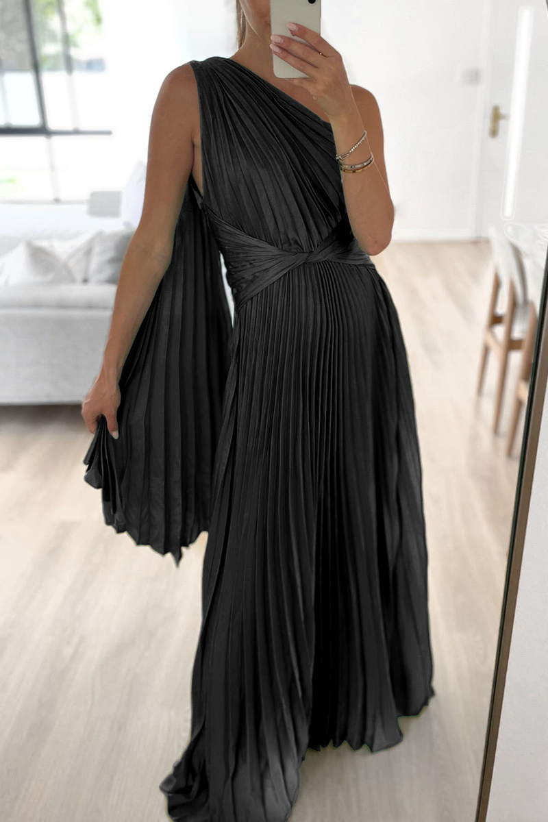 Sweet Elegant Solid Fold Oblique Collar A Line Dresses(3 Colors)