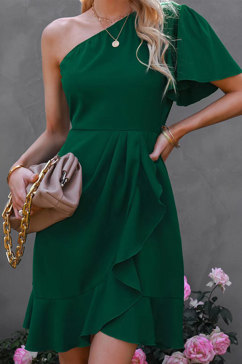 Street Simplicity Solid Flounce Oblique Collar Irregular Dress Dresses