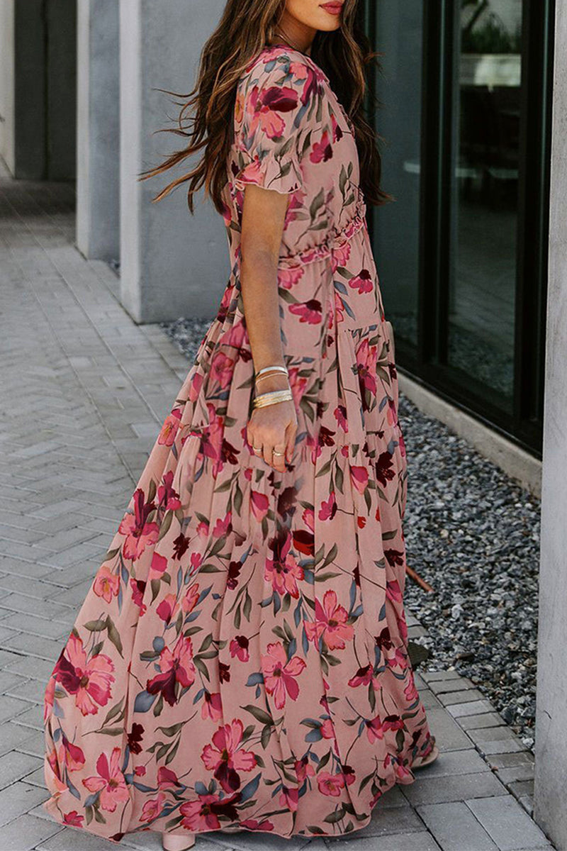 Sweet Elegant Floral Patchwork V Neck Waist Skirt Dresses(4 Colors)