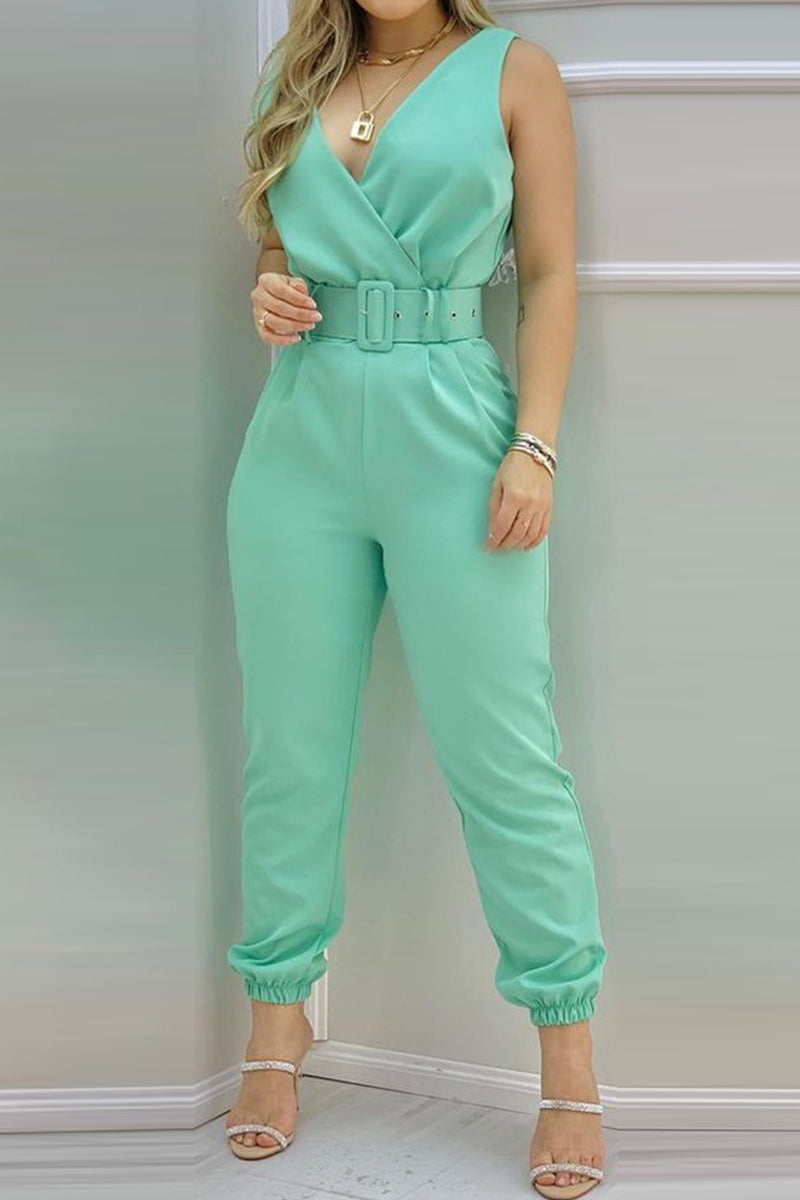 Sexy Casual Solid Backless With Belt V Neck Regular Jumpsuits