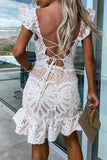 Sexy Celebrities Solid Lace Embroidered Bandage Backless V Neck Princess Dresses
