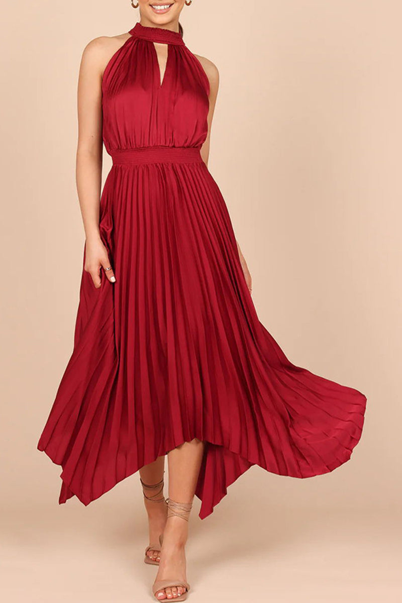 Sweet Elegant Solid Fold Asymmetrical Halter Irregular Dress Dresses