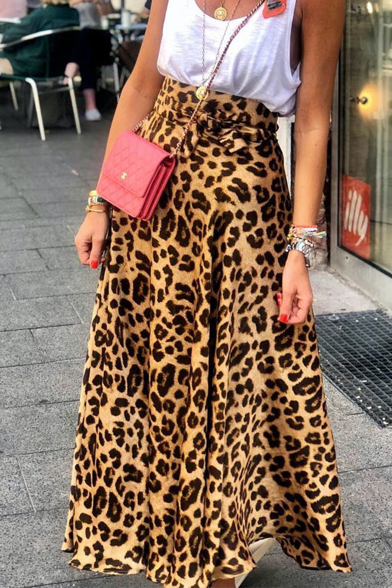 Satin Leopard Tie Front Elastic Waist Midi Skirt