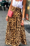 Satin Leopard Tie Front Elastic Waist Midi Skirt