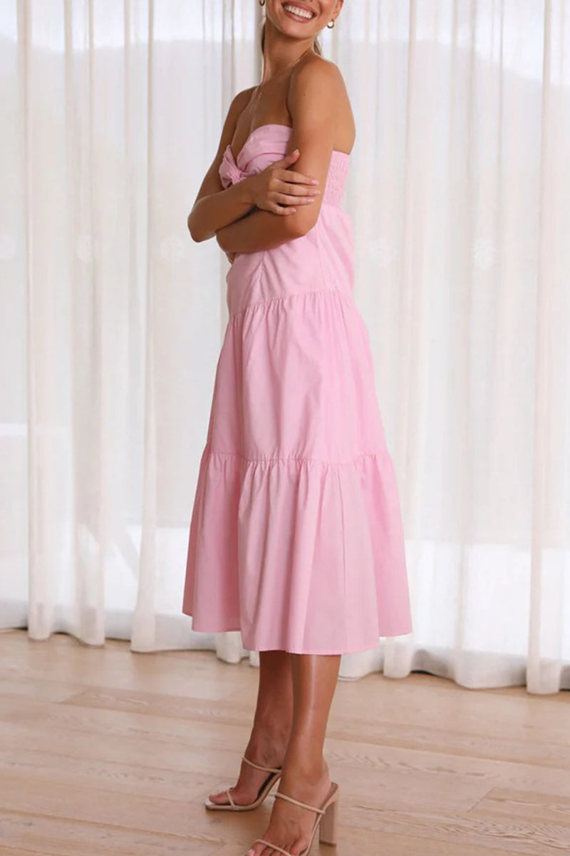 Sweet Elegant Solid Fold Strapless Waist Skirt Dresses