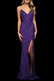 Sexy Formal Solid Sequins Backless Slit V Neck Evening Dress Dresses