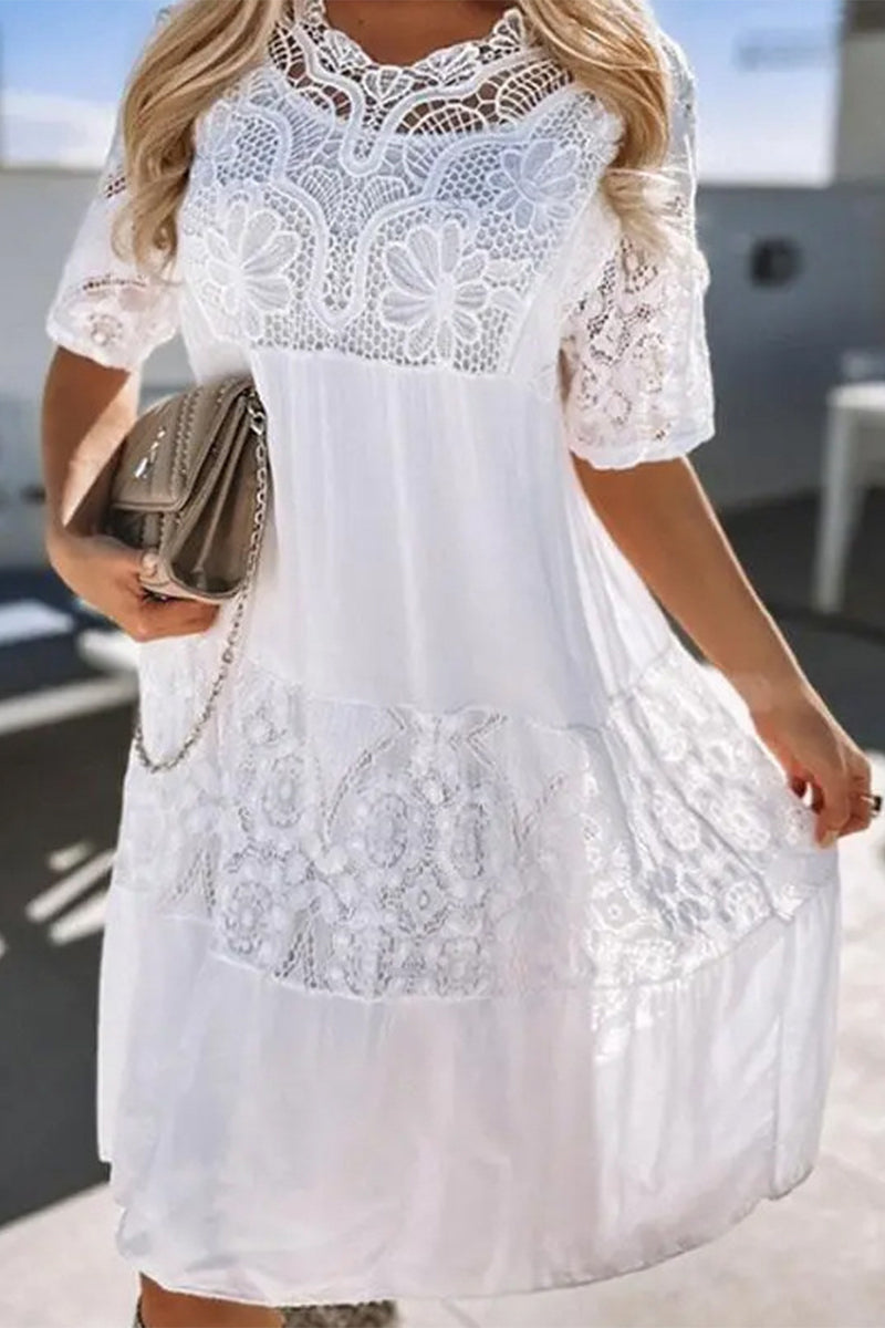 Sweet Elegant Solid Lace See-through O Neck A Line Dresses