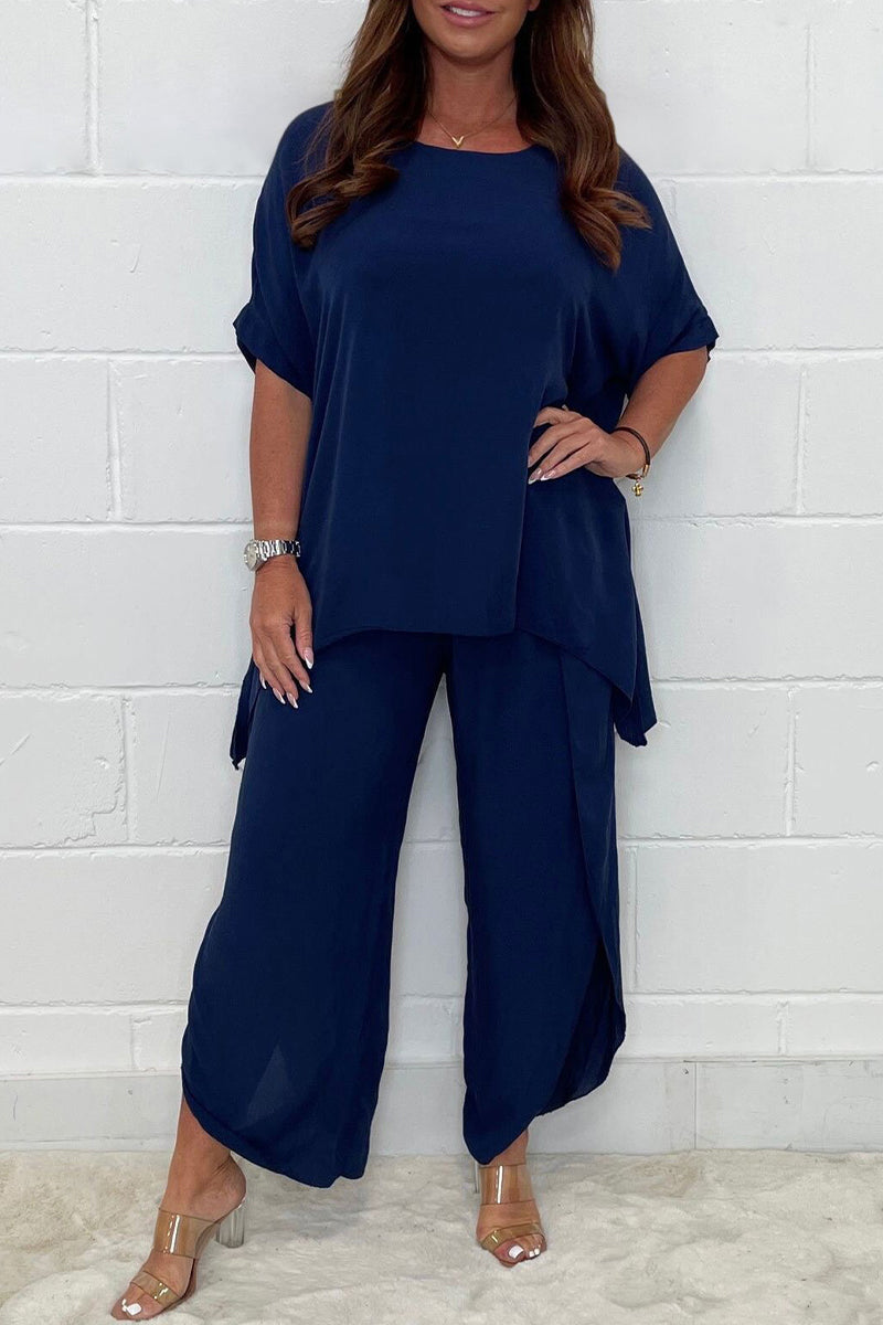 Plus Size Casual Solid Asymmetrical O Neck Short Sleeve Two Pieces
