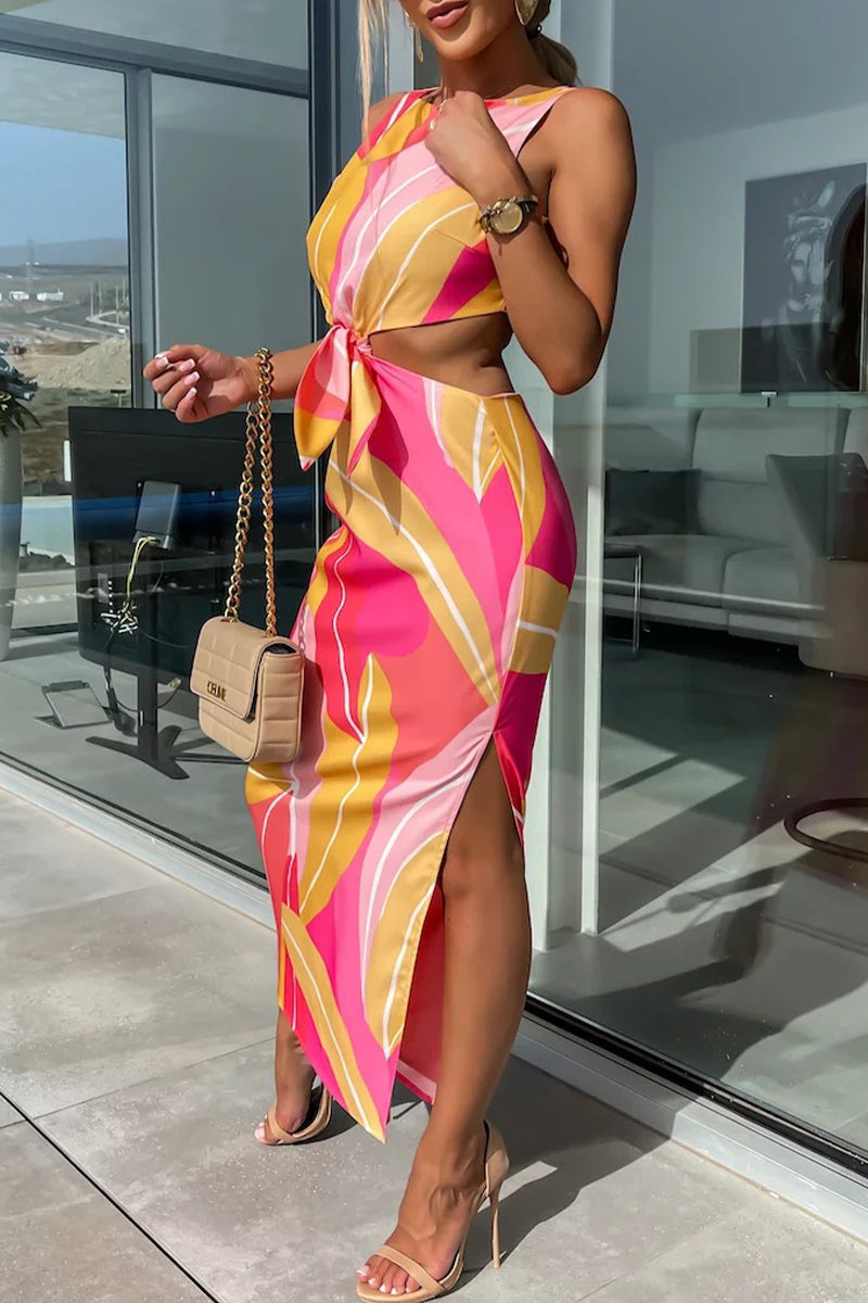 Sexy Celebrities Geometric Print Backless Slit O Neck A Line Dresses