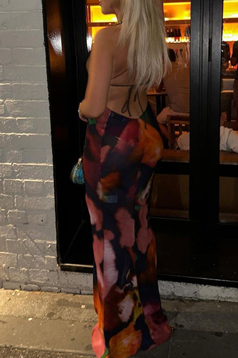 Sexy Print Lace See-through Backless V Neck Printed Dress Dresses
