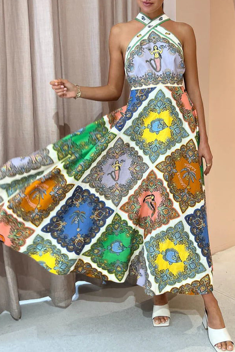 Sweet Cute Geometric Printing Halter Sleeveless Dress Dresses