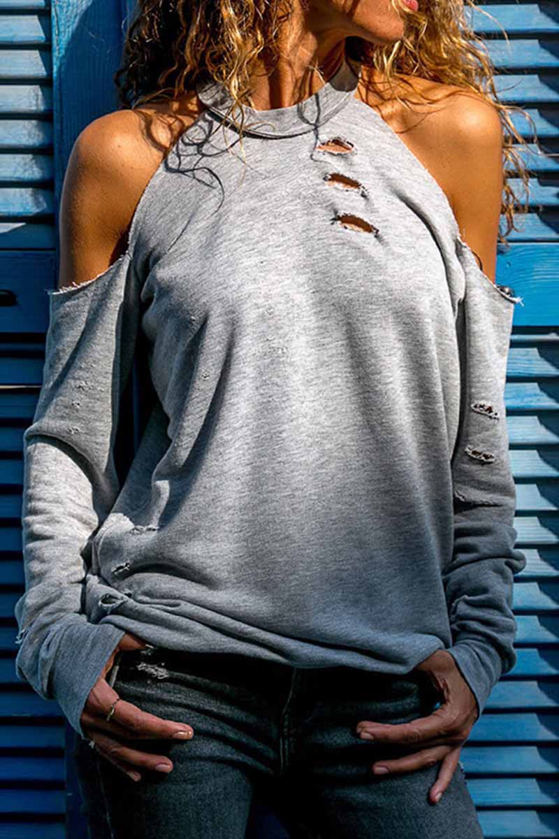 Street Solid Ripped Burn-out O Neck Tops