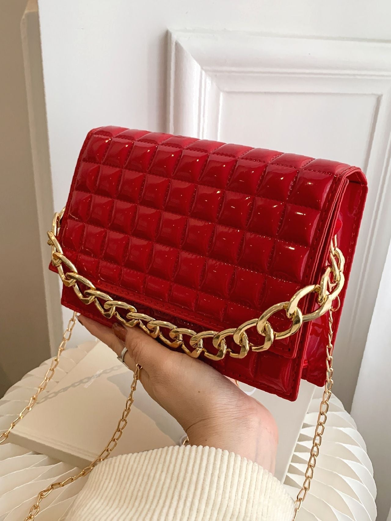 Quilted Artificial Patent Leather Flap Square Bag  - Women Satchels
