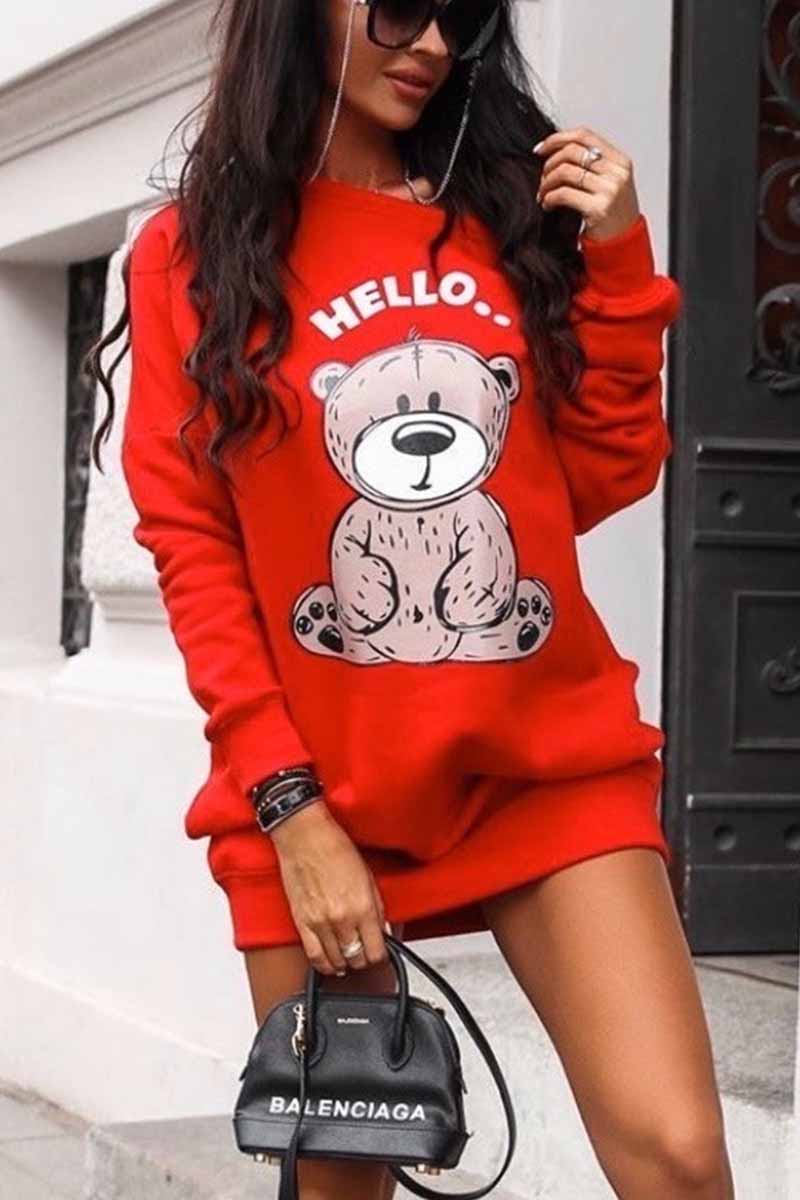 Binfenxie Bear Print Long Sleeve Sweatshirt Dress