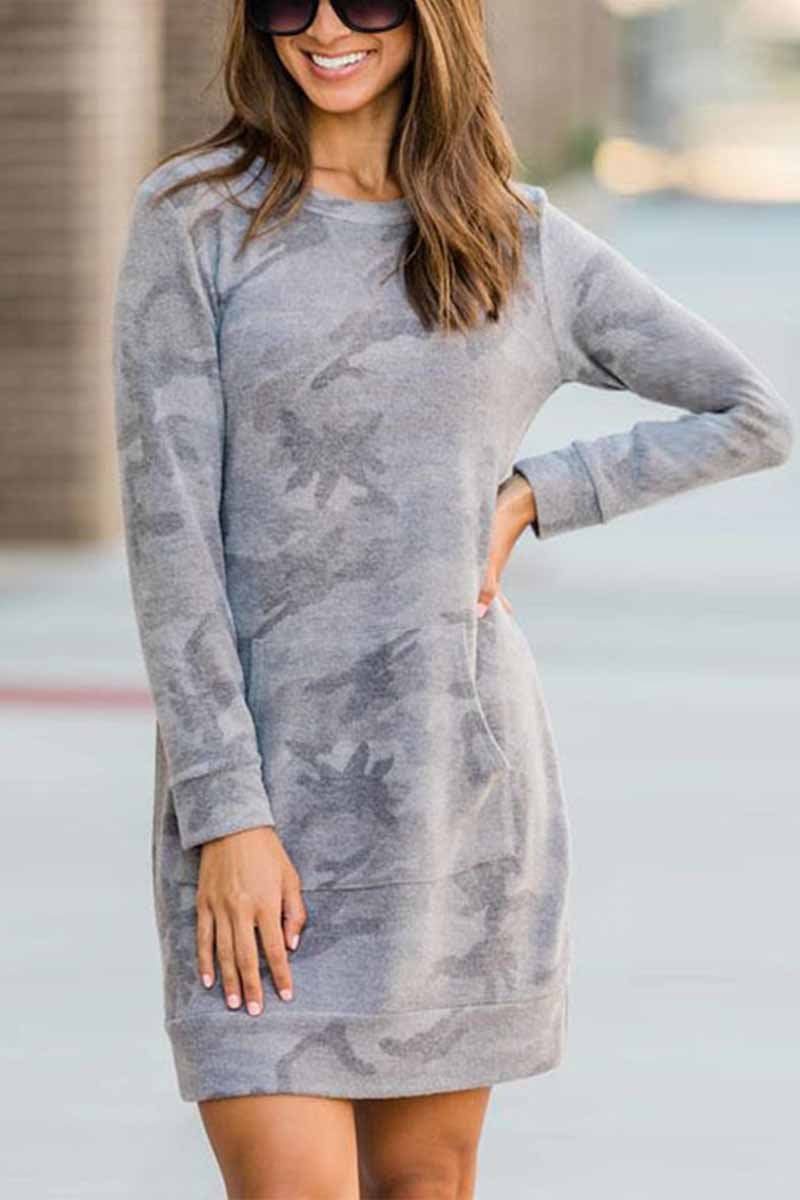 Binfenxie Casual Loose Round Neck Camouflage Mini Dress