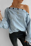 binfenxie Spring Button-Neck Off-Shoulder Long-Sleeved Denim Shirt