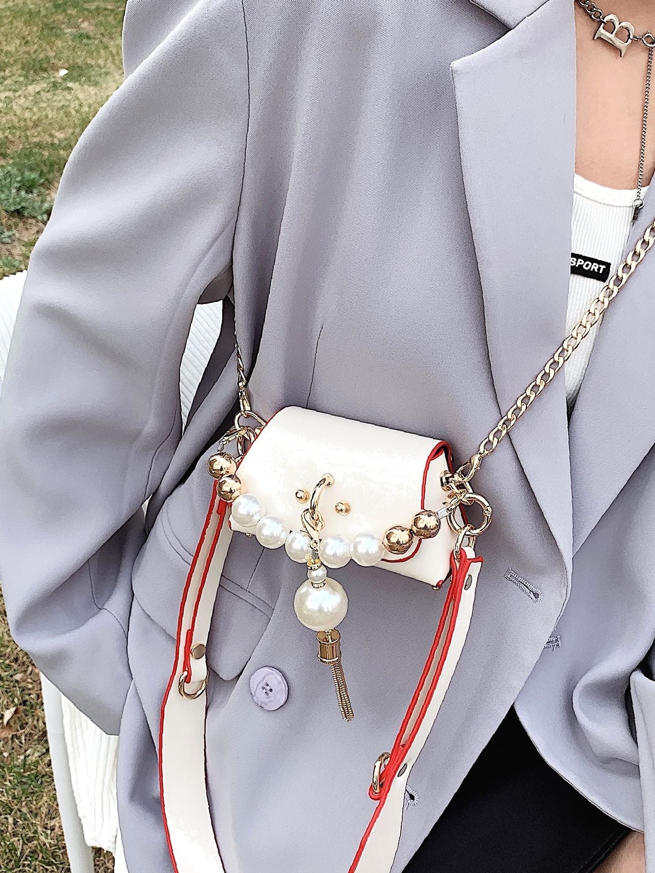 Mini Tassel Detail Faux Pearls Decor Novelty Bag  - Women Satchels