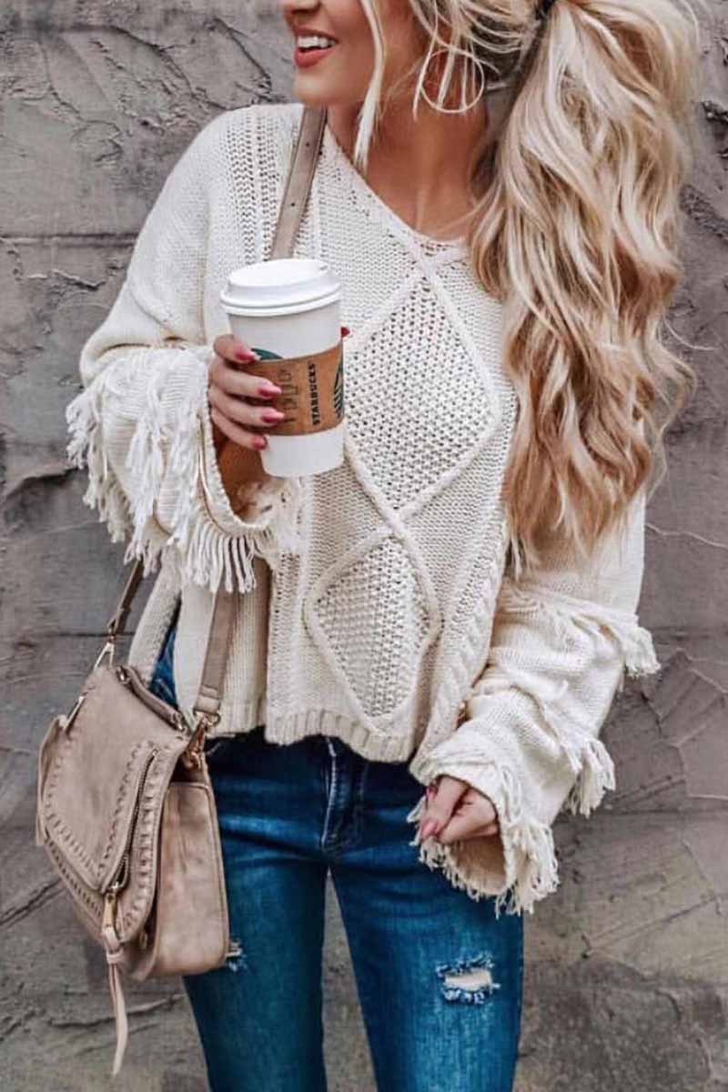 Binfenxie Solid Color Knitted Tassel Sweater