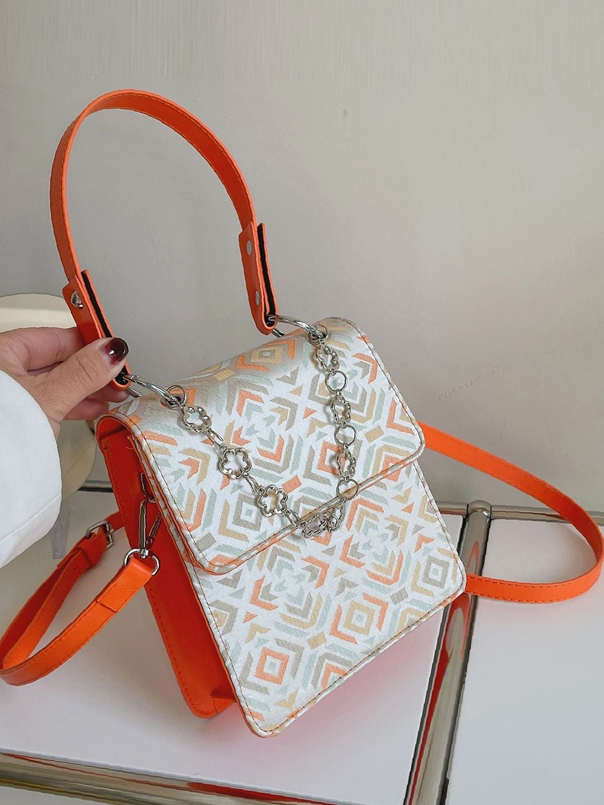 Geometric Print Chain Decor Flap Square Bag  - Women Satchels