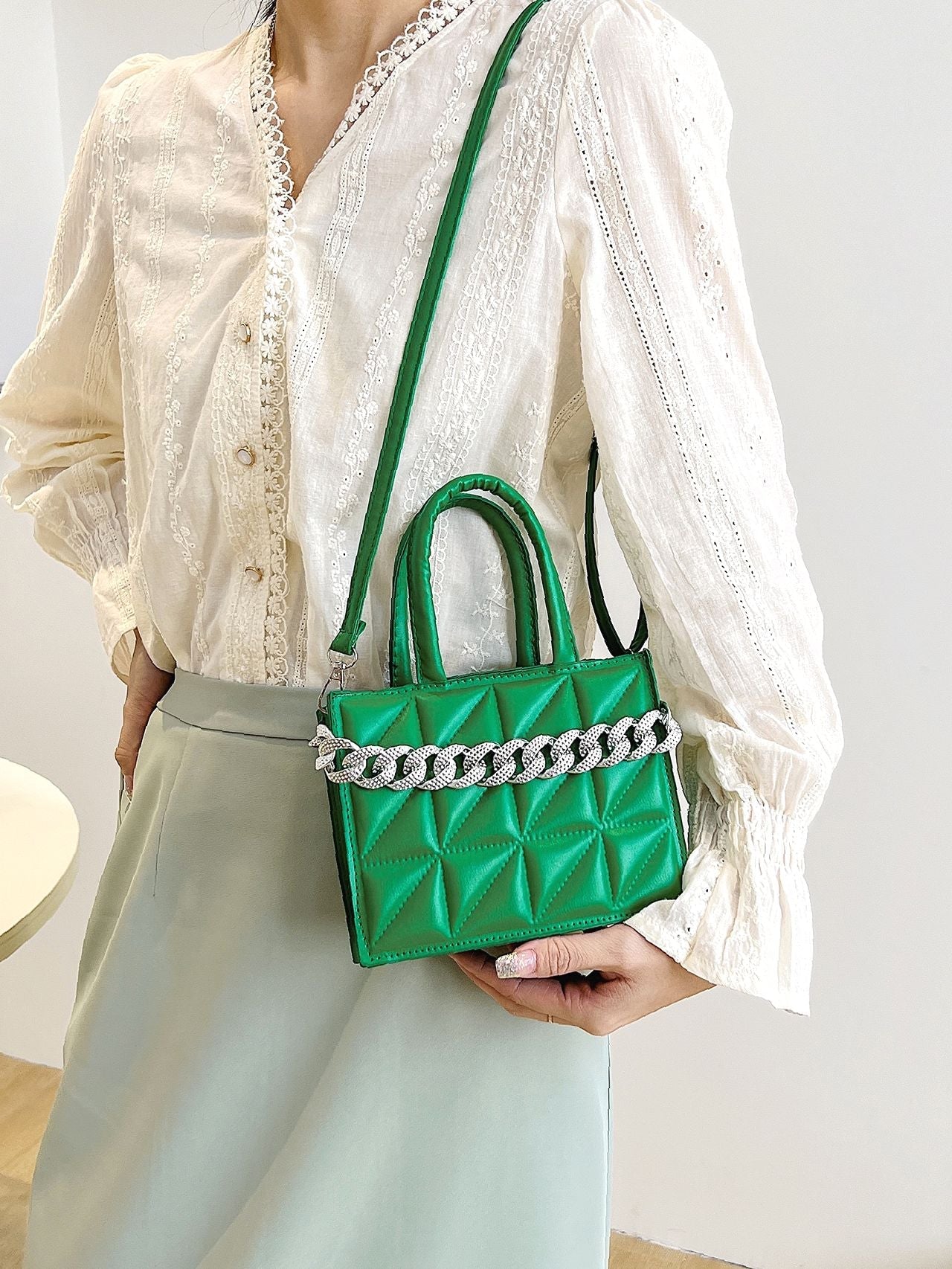 Quilted Chain Decor Square Bag  - Women Satchels