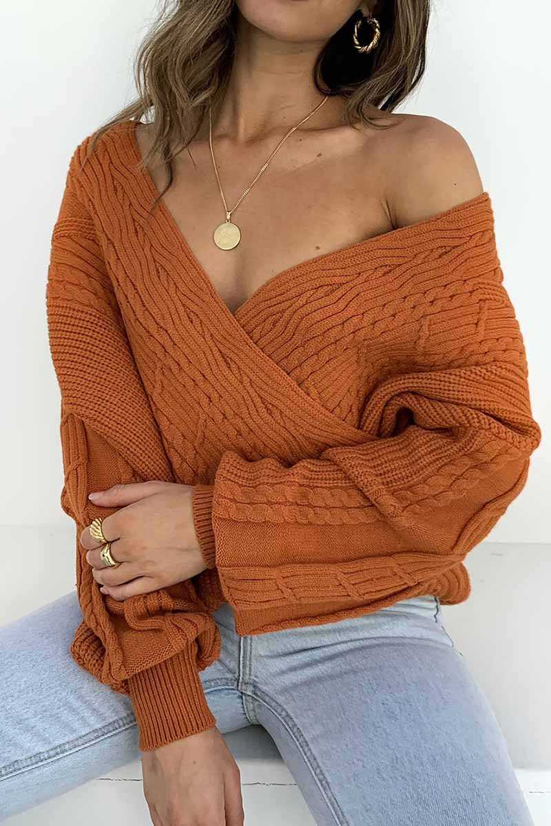 Binfenxie Sexy V-neck Off-shoulder Sweater Casual Sweater