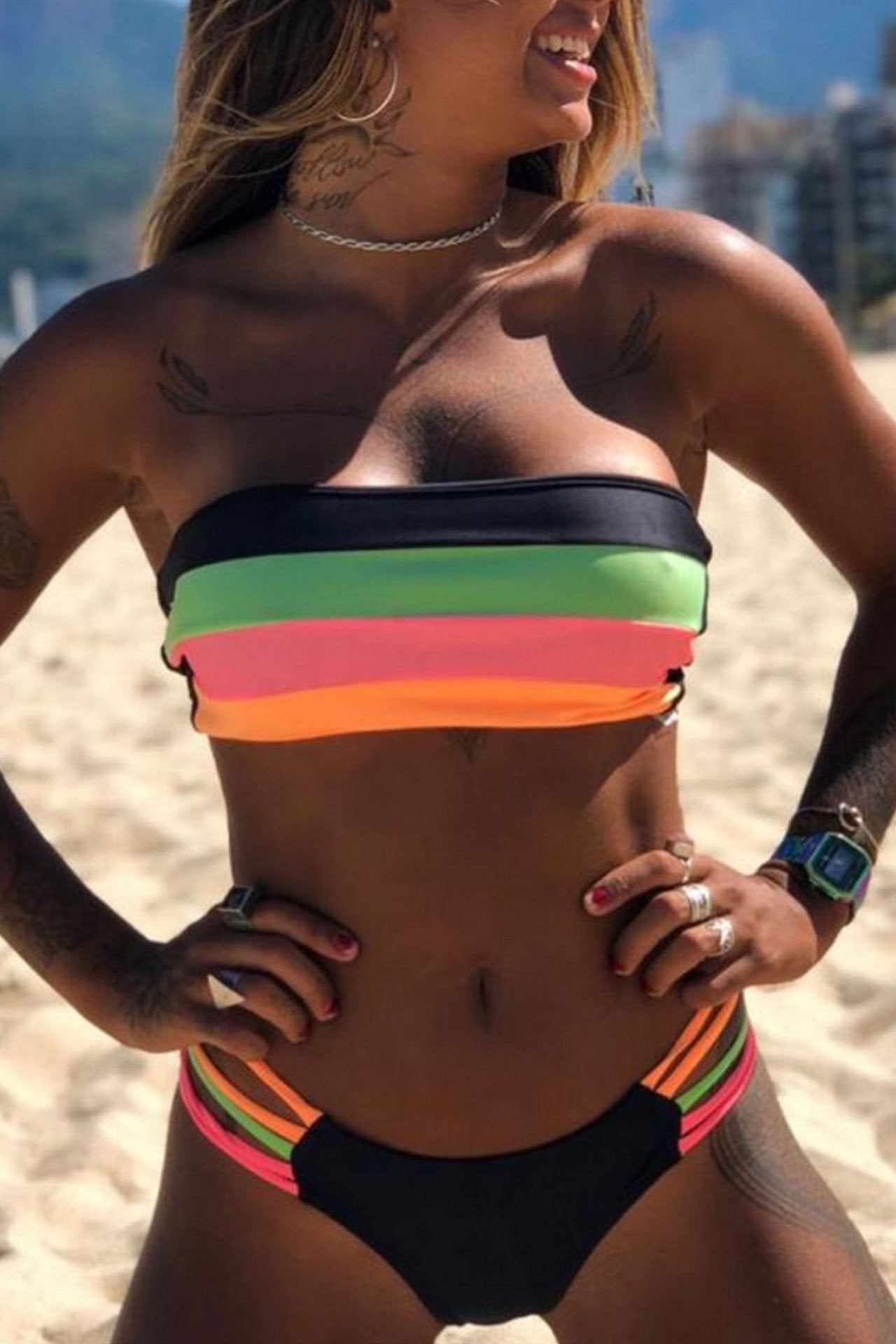 Binfenxie Bandeau Rainbow Striped Bikini Set (3 Colors)