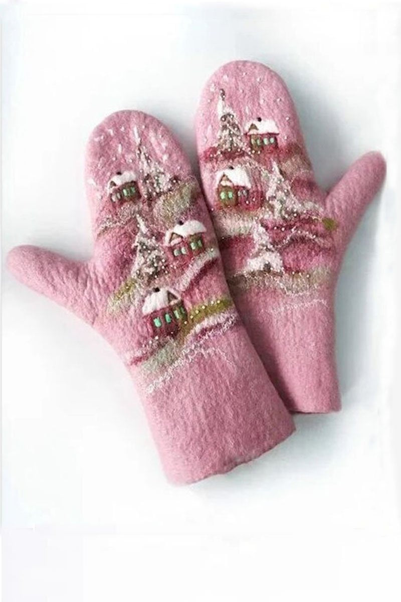 Binfenxie Cashmere Thick Printed Winter Warm Christmas Gloves
