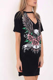 binfenxie Women's Choker Cutout V-Neck Eagle Printed Short Sleeve Mini T-Shirt Dress