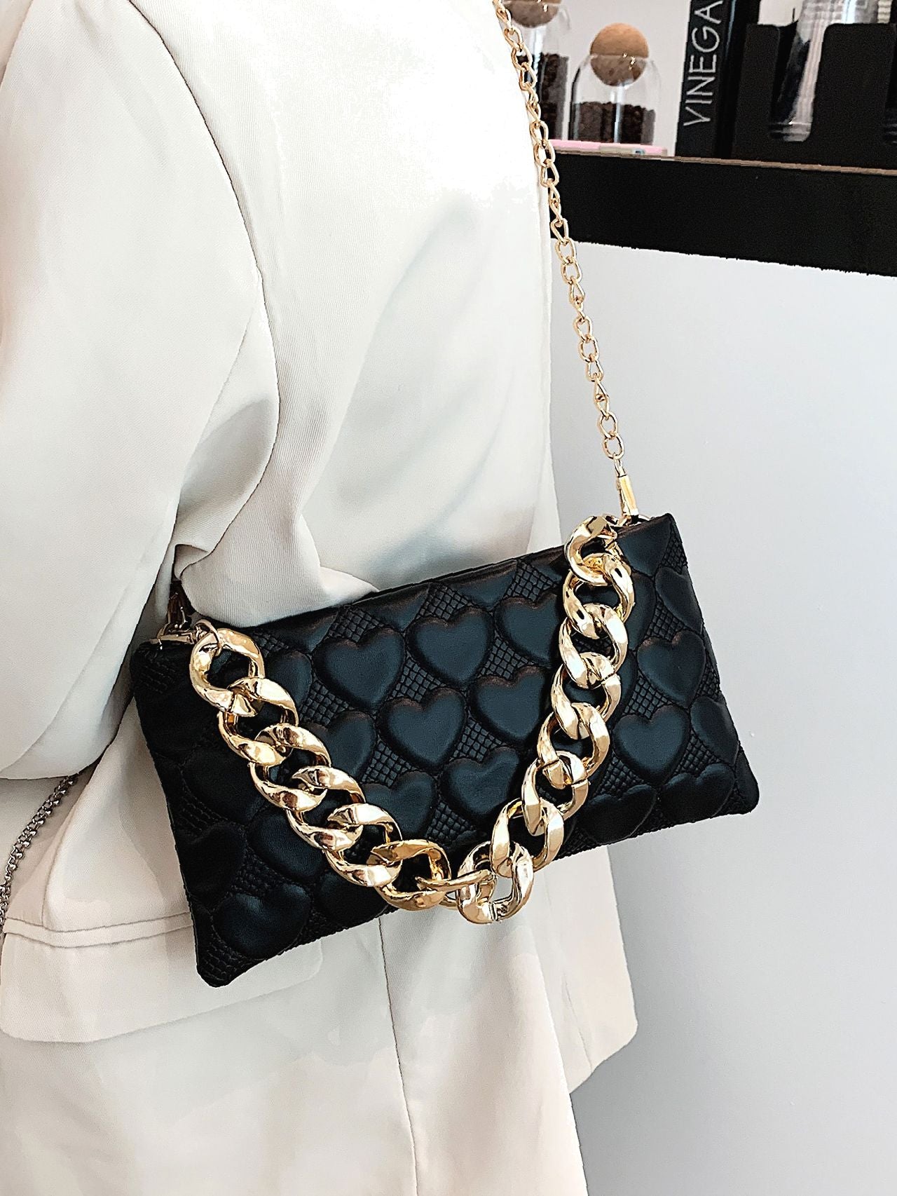 Heart Quilted Chain Square Bag  - Women Satchels