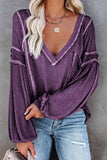 binfenxie Solid Color Pullover V-Neck Bubble Long Sleeves Tops(4 Colors)