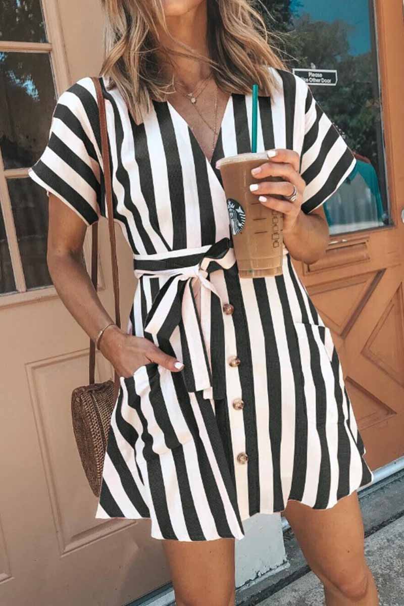 binfenxie V-neck Button Striped Dress ( 2 Color)