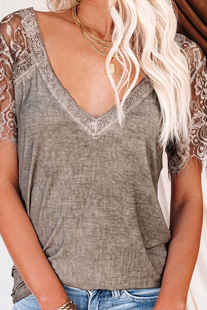 Binfenxie New Women's Lace Short Sleeve V-Neck Tops(3 colors)