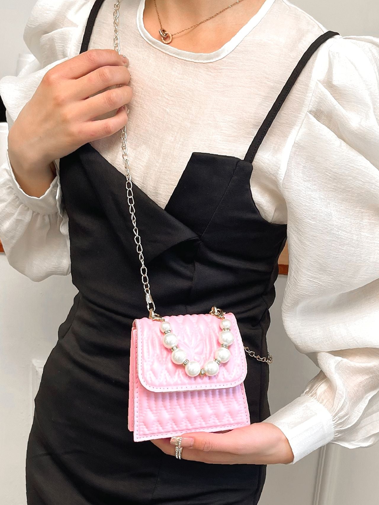 Mini Faux Pearl Decor Quilted Square Bag  - Women Satchels