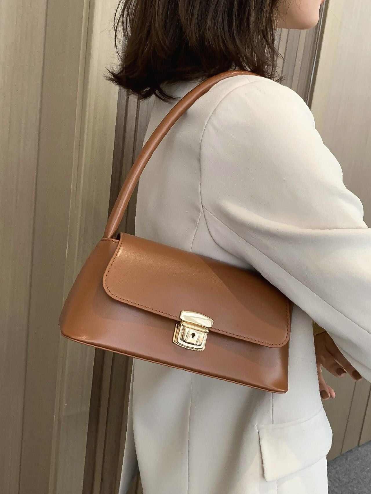 Minimalist Push Lock Flap Baguette Bag  - Women Shoulder Bags