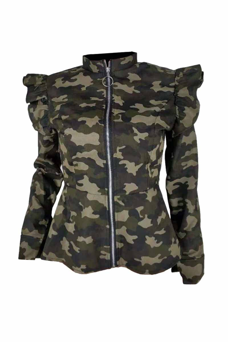 binfenxie Stand-up Collar Camouflage Ruffle Jacket