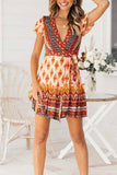 binfenxie Spring And Summer Fashion Retro V-Neck Print Short Sleeves Mini Dress