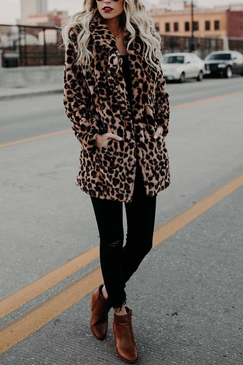 binfenxie Women's Lapel Leopard Coat