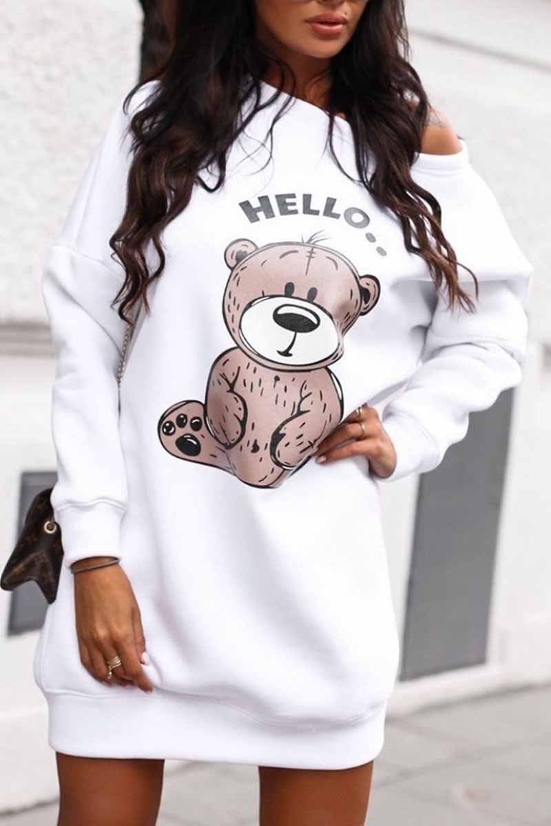 Binfenxie Bear Print Long Sleeve Sweatshirt Dress