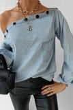 binfenxie Spring Button-Neck Off-Shoulder Long-Sleeved Denim Shirt