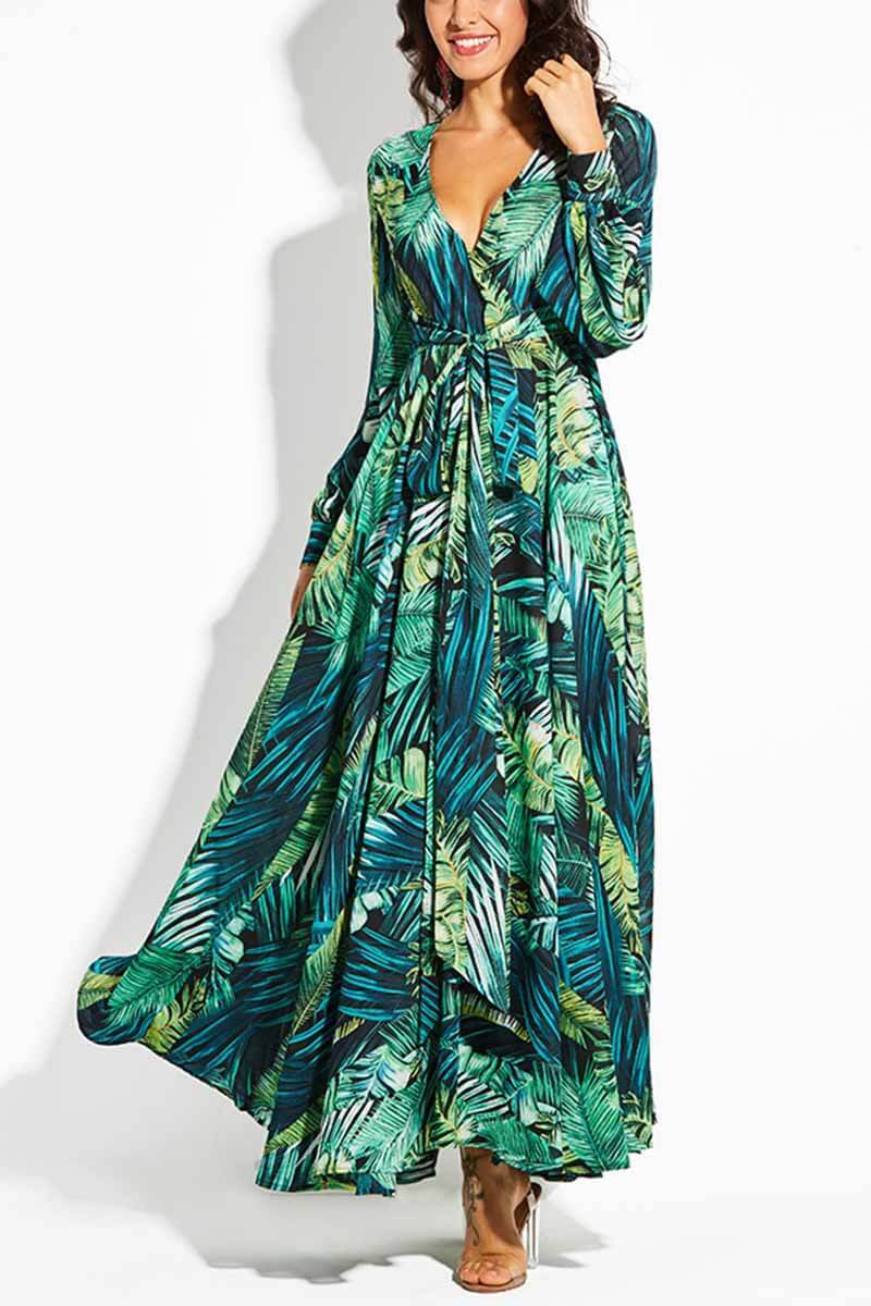 binfenxie V-Neck Leaf Print Maxi Dress