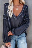binfenxie Solid Color Pullover V-Neck Bubble Long Sleeves Tops(4 Colors)