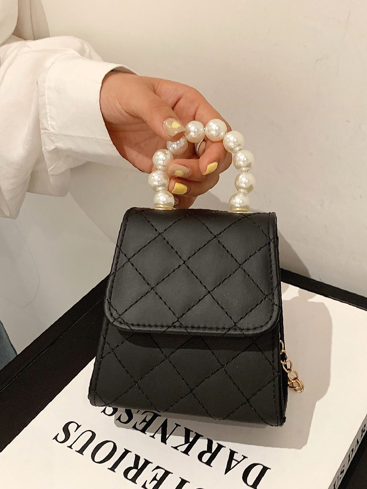 Mini Faux Pearl Beaded Chain Bag  - Women Satchels