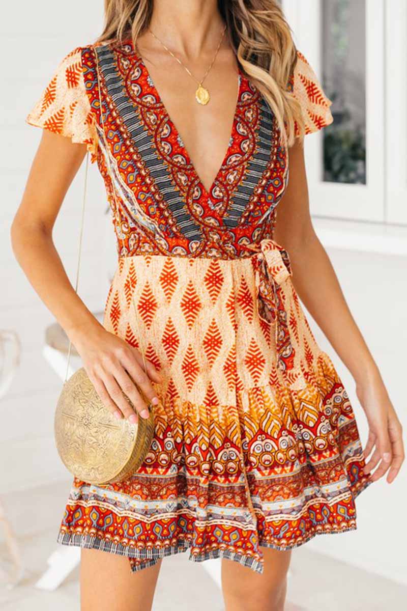 binfenxie Spring And Summer Fashion Retro V-Neck Print Short Sleeves Mini Dress