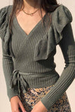 Binfenxie Sexy V-Neck Knitted Lace-up Sweater